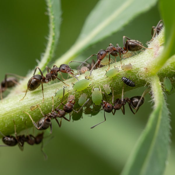 Chậu cây có rệp, mật ngọt thu hút kiến